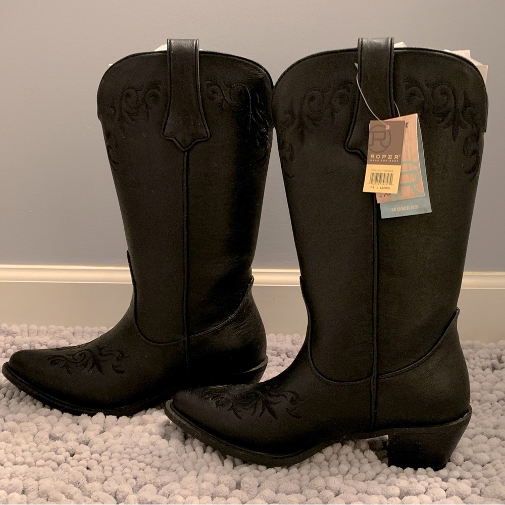 Roper Women’s Tonal Embroidered Floral Black Boots Size 7.5 - Picture 2 of 5